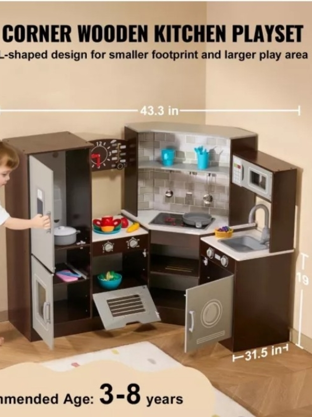 Corner Wooden Play Kitchen Set - Brown and Gray For Kids Ages 3 - 8